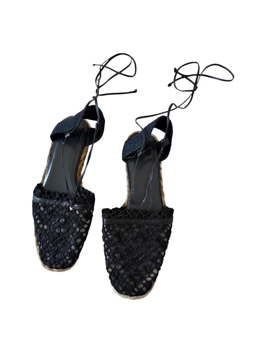 STUART WEITZMAN Black Crochet Wedge Laceup Sandals Size 7.5